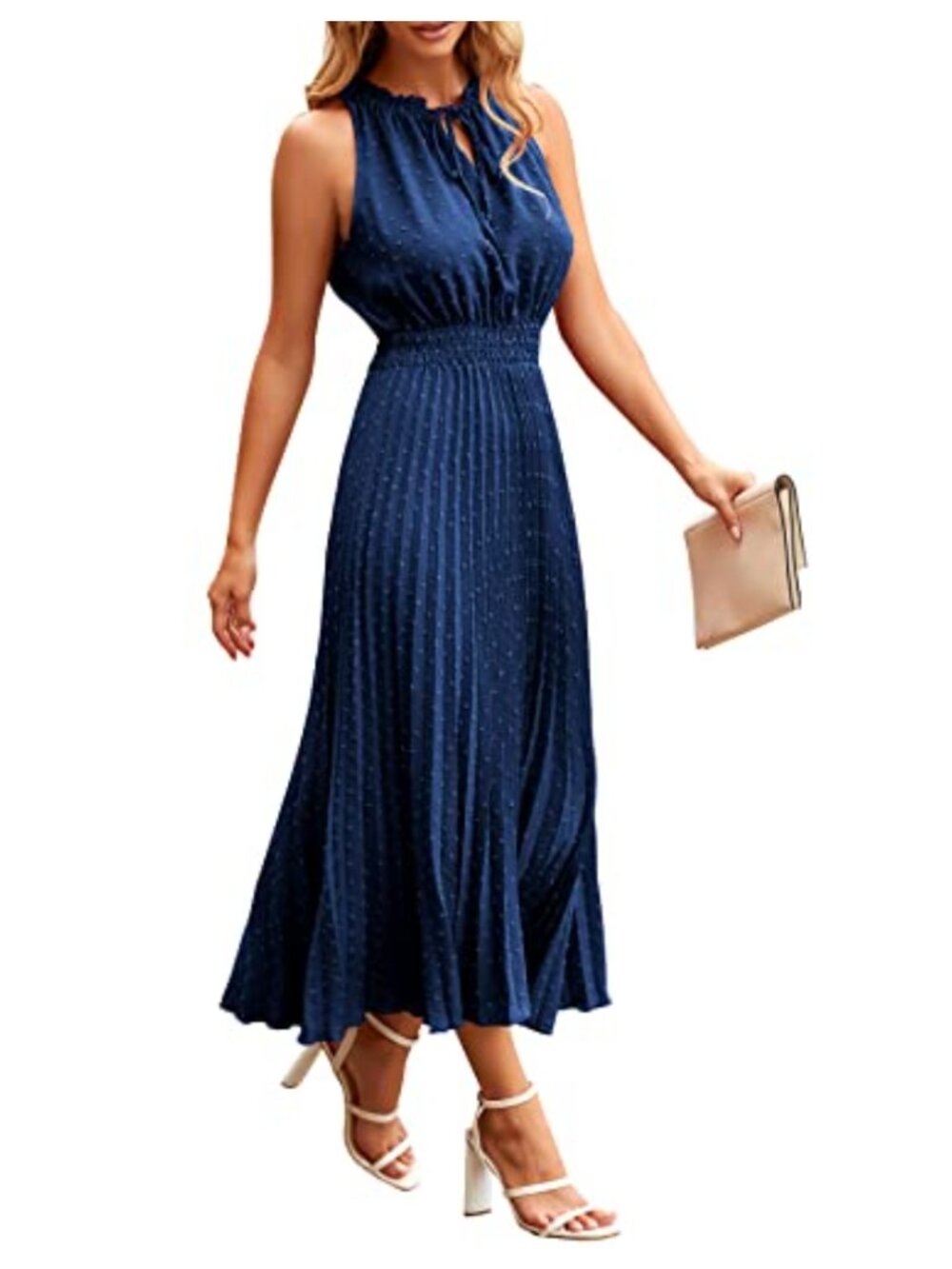 Midi Dress Swiss Dot V Neck Sleeveless Fit and Flare Summer